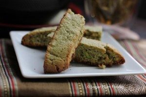 green tea biscotti with candied ginger & pistachios